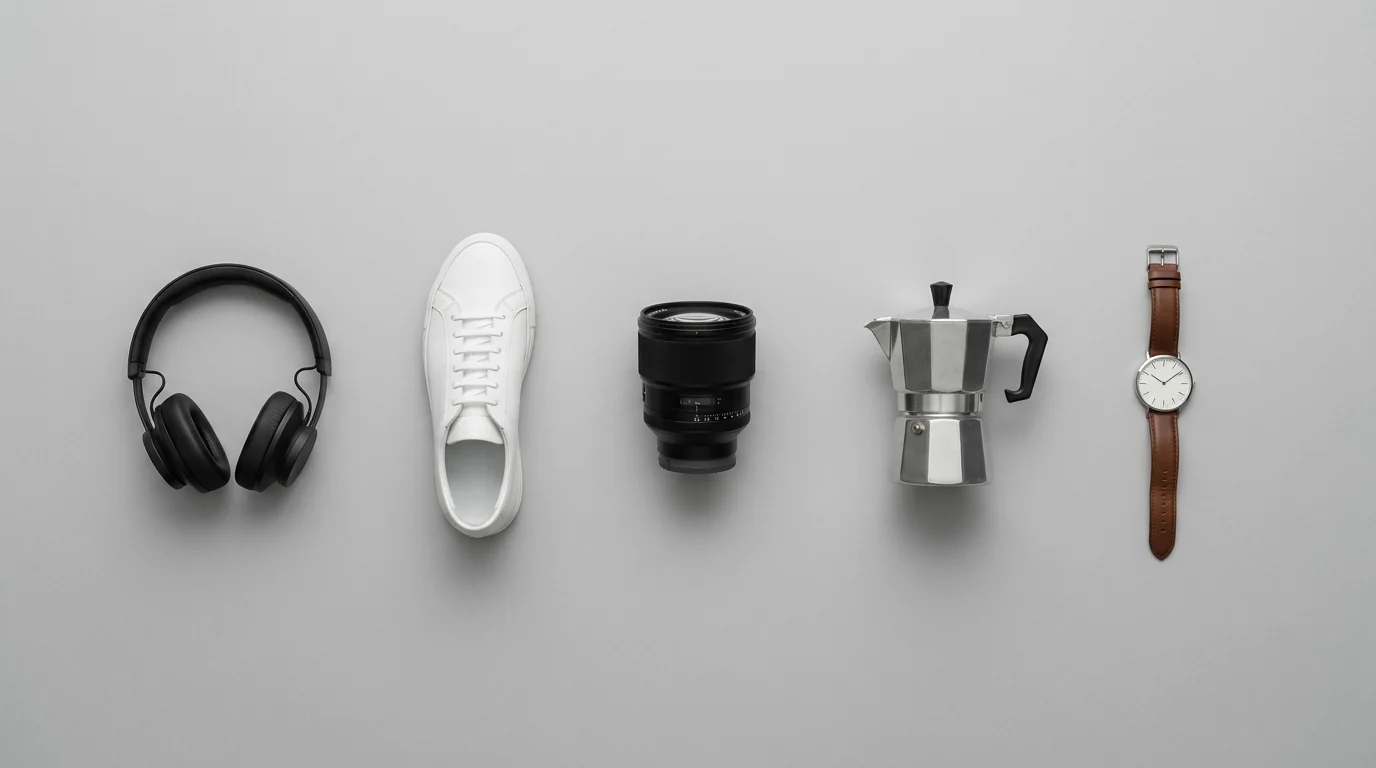 Kopfhörer, Sneaker, Objektiv, Espressokanne und Armbanduhr nebeneinander